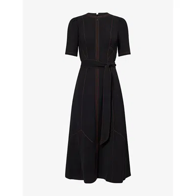 Me And Em And Em Womens Black Contrast Topstitching Belted Woven Midi Dress