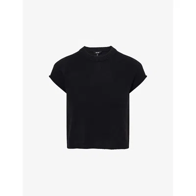Me And Em And Em Womens Black Crop Cap-sleeves Cashmere T-shirt