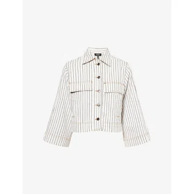 Me And Em And Em Womens Black Ecru Pinstripe Italian Denim Swing Jacket