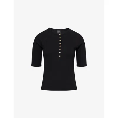 Me And Em And Em Womens Black Half-sleeve Ribbed Stretch-cotton Henley Top