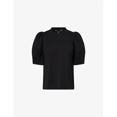 Me And Em And Em Womens Black Puff-sleeve Round-neck Cotton Top