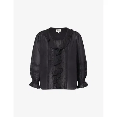 Me And Em And Em Womens Black Ruffle-trim V-neck Cotton-voile Blouse
