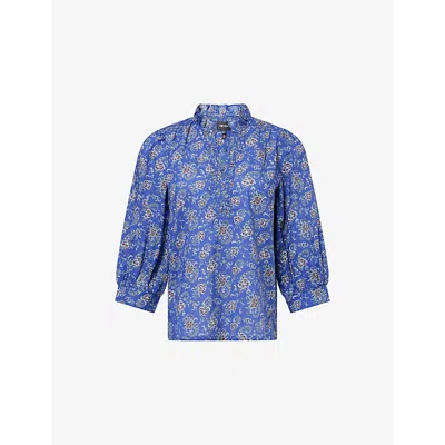 Me And Em And Em Womens Blue Multi Paisley-print Frill-collar Cotton Blouse