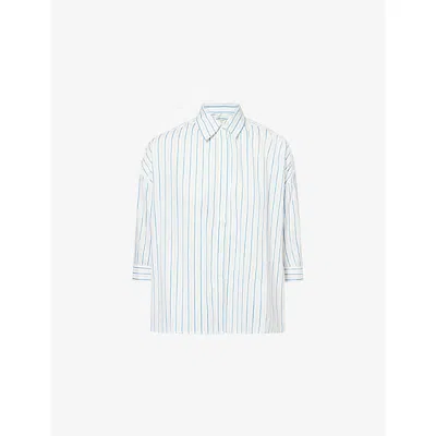 Me And Em And Em Womens Blue/white Cropped-sleeve Striped Cotton-blend Shirt In Multi