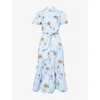 Me And Em And Em Womens Blue/yellow/multi Floral Graphic-print Belted Cotton Midi Dress