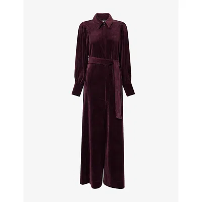 Me And Em And Em Womens Bordeaux Velour Belted Cotton-blend Jumpsuit In Brown