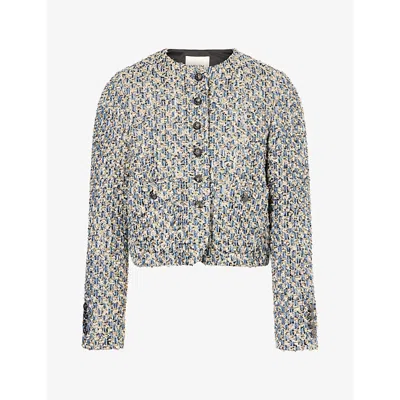 Me And Em And Em Womens Boxy-fit Cropped Woven Jacket Blue Multi