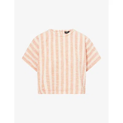 Me And Em And Em Womens Textured Stripe-print Boxy-fit Stretch-cotton Top Bright Papaya Cream