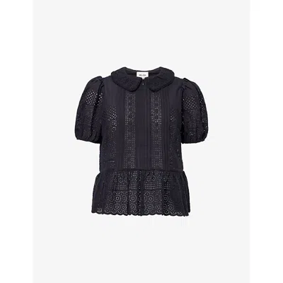 Me And Em And Em Womens Broderie Peplum-hem Cotton Top Navy