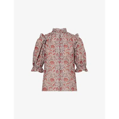 Me And Em And Em Womens Brown Multi Rising Flower Printed Silk And Cotton Blouse