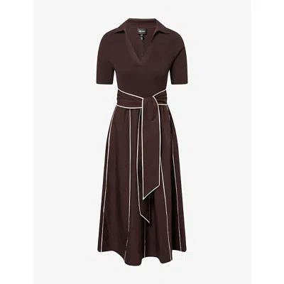 Me And Em And Em Womens Brown/light Cream Polo-collar Belted Cotton Midi Dress