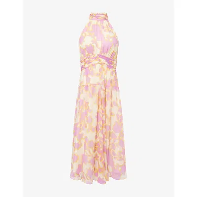 Me And Em And Em Womens Shadow Paradise Print Halterneck Silk Midi Dress Buttercream/lilac/mu