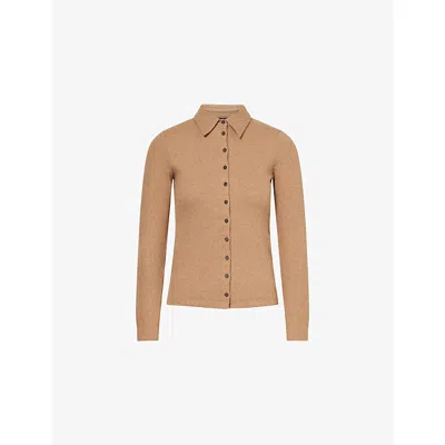 Me And Em And Em Womens Camel Melange Ultimate Rib Collared Stretch-cotton Shirt In Brown