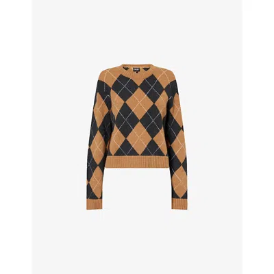 Me And Em And Em Womens Camel/charcoal Argyle Relaxed-fit Cashmere Jumper