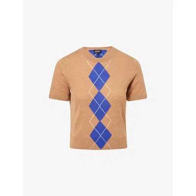 Me And Em And Em Womens Camel/deep Blue Argyle Knit Merino Wool-blend Top In Multi
