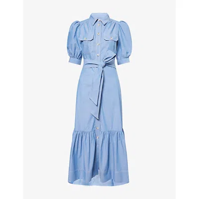 Me And Em And Em Womens Chambray Blue Chambray Puff-sleeve Belted Cotton Midi Dress