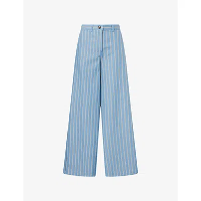 Me And Em And Em Womens Chambray Blue Multi Striped Wide-leg Cotton Trousers