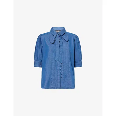 Me And Em And Em Womens Chambray Blue Pintuck-pleat Short-sleeve Chambray Blouse