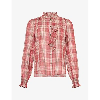 Me And Em And Em Womens Check  Semi-sheer Cotton Blouse Berry Pink Multi