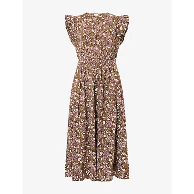 Me And Em And Em Womens Cinnamon Brown Multi Overgrown Floral-print Ruffle-shoulder Cotton Midi Dress