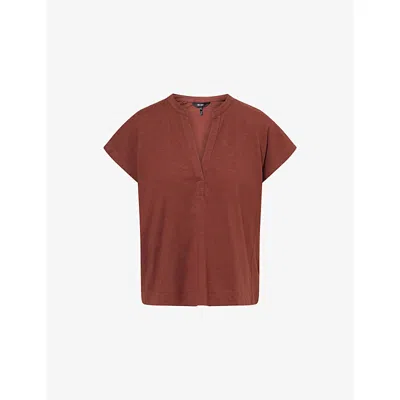 Me And Em And Em Womens Cinnamon Brown Open Placket Short-sleeve Cotton Top