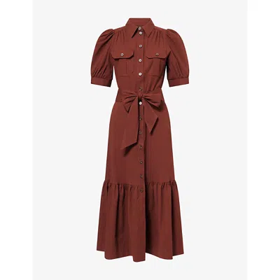 Me And Em And Em Womens Cinnamon Brown Puff-sleeve Seersucker Cotton Midi Shirt Dress In Multi