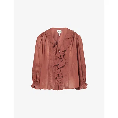Me And Em And Em Womens Cinnamon Brown Ruffled Embroidered Cotton Top