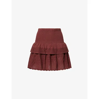 Me And Em And Em Womens Cinnamon Brown Shirred Broderie Cotton Mini Skirt In Burgundy