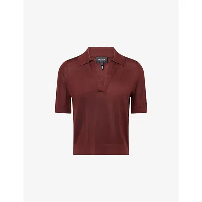 Me And Em And Em Womens Cinnamon Brown Slinky Silk Knit Silk Polo T-shirt In Burgundy