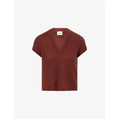 Me And Em And Em Womens Cinnamon Brown V-neck Short-sleeve Merino Wool-blend Top