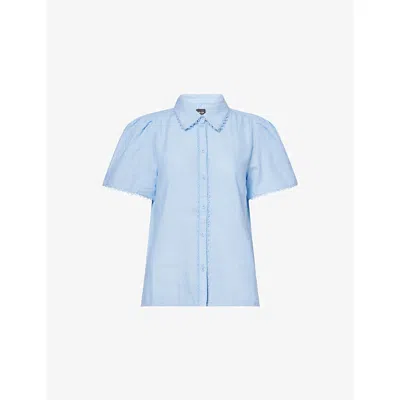 Me And Em And Em Womens Cloud Chambray Blue Puff-sleeve Cheesecloth Cotton Blouse