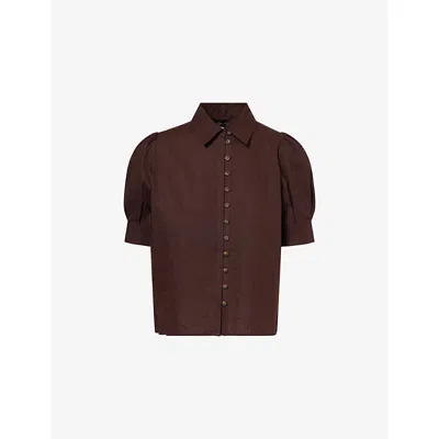 Me And Em And Em Womens Cocoa Brown Crease-less Pouf-sleeve Linen-blend Top