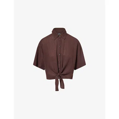 Me And Em And Em Womens Cocoa Brown Tie-front Short-sleeve Cotton Top