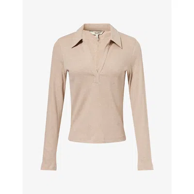 Me And Em And Em Womens Collard Ribbed Cotton-blend Polo Top Pebble Brown Melange
