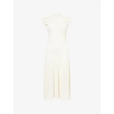 Me And Em And Em Womens Cream Pointelle Ruffled-sleeve Knitted Midi Dress