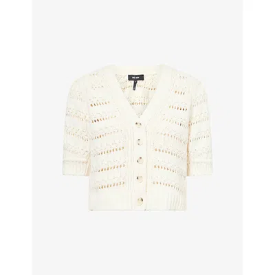Me And Em And Em Womens Cream Pouf-sleeve V-neck Knitted Cardigan