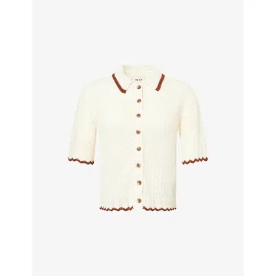 Me And Em And Em Womens Cream/cinnamon Brown Open-knit Contrast-trim Cotton Cardigan Xs In Neutral