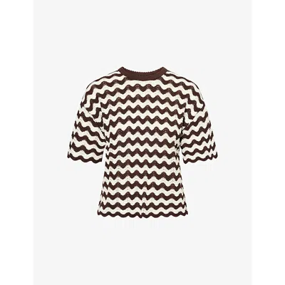 Me And Em And Em Womens Cream/summer Chocola Stripe Scallop-knit Relaxed Cotton T-shirt Xs