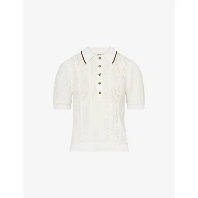 Me And Em And Em Womens Cream/walnut Brown Puff-sleeve Pointelle-knit Cotton Top