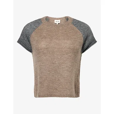 Me And Em And Em Womens Cropped Contras-sleeve Wool-blend Top Hazelnut/charcoal