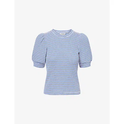 Me And Em And Em Womens Deep Blue/soft White Puff-sleeve Striped Cotton Top