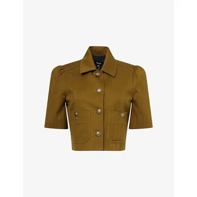 Me And Em And Em Womens Deep Golden Olive Herringbone Cotton-blend Cropped Jacket