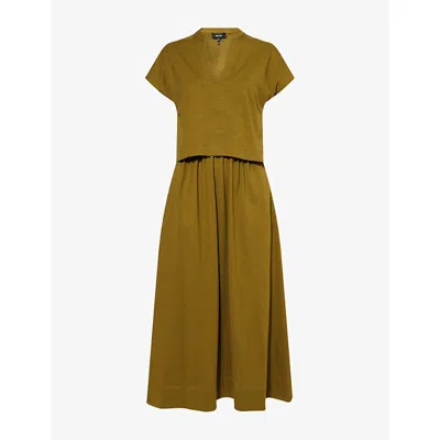 Me And Em Womens  Overlay-top V-neck Cotton-jersey Midi Dress In Deep Golden Olive