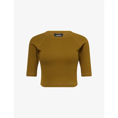 Me And Em And Em Womens Deep Golden Olive Raglan-sleeve Cropped Cotton-jersey Top In Green