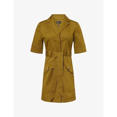 Me And Em And Em Womens Short-sleeved Tie-belt Cotton-blend Mini Dress Deep Golden Olive