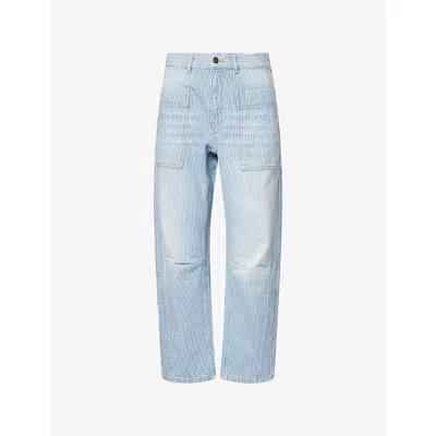 Me And Em And Em Womens Ecru/indigo Wash Pinstripe Barrel-leg Denim Jeans