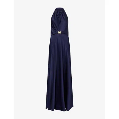 Me And Em And Em Womens Evening Navy Belted Halter-neck Satin Dress In Blue