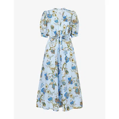 Me And Em And Em Womens Floral-print Drawstring-waist Cotton Midi Dress Blue/white