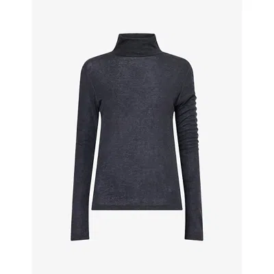 Me And Em And Em Womens High-neck Rib Wool Blend Top Charcoal Melange In Blue