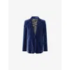 Me And Em And Em Womens Indigo Blue Velvet Sharp-shoulder Stretch-cotton Jacket In Blue
